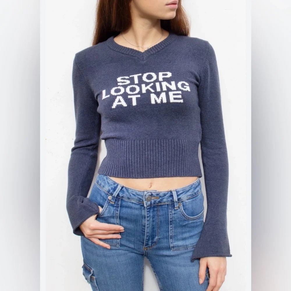 Super rare and adorable fitted navy sweater by Subdied “Stop Looking at Me”